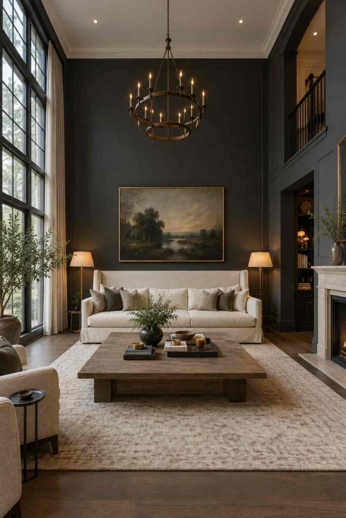 28 Dark Living Room Ideas for High Ceilings That Feel Rich, Not Gloomy (Paint, Lighting & Layout) 12 Deep cream sofa against charcoal walls in a tall living room