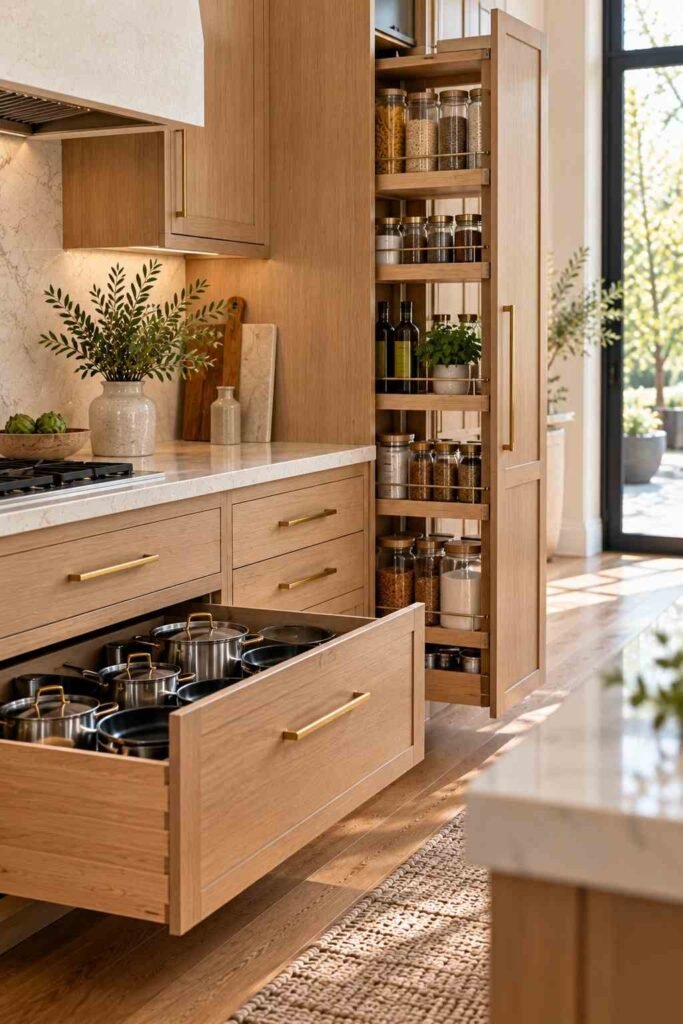 Deep kitchen drawer with pots and a pull-out pantry cabinet.