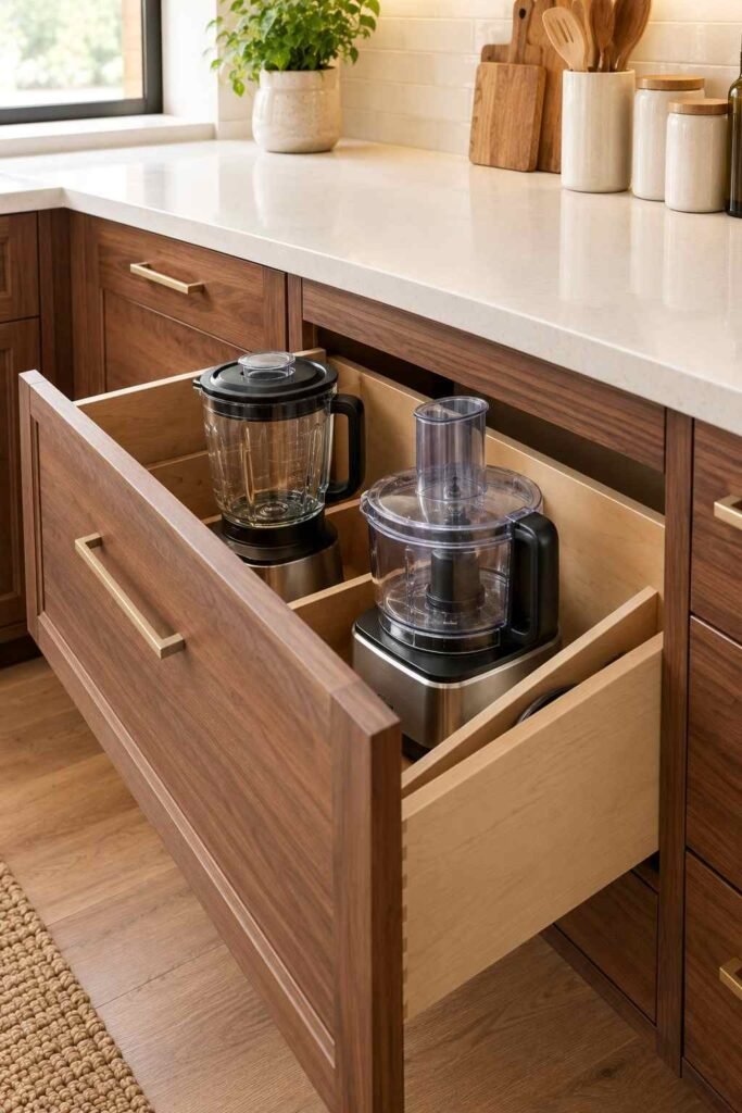 Deep kitchen drawer storing a blender and food processor