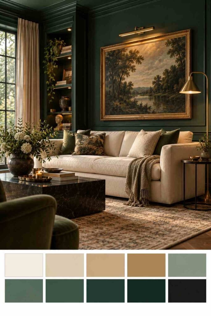 30 Luxury Wall Decor Ideas for Living Room Walls: Art, Texture, Mirrors & Lighting 16 Deep emerald living room with cream sofa and brass accents, with a color palette strip of cream, brass, green and black below.