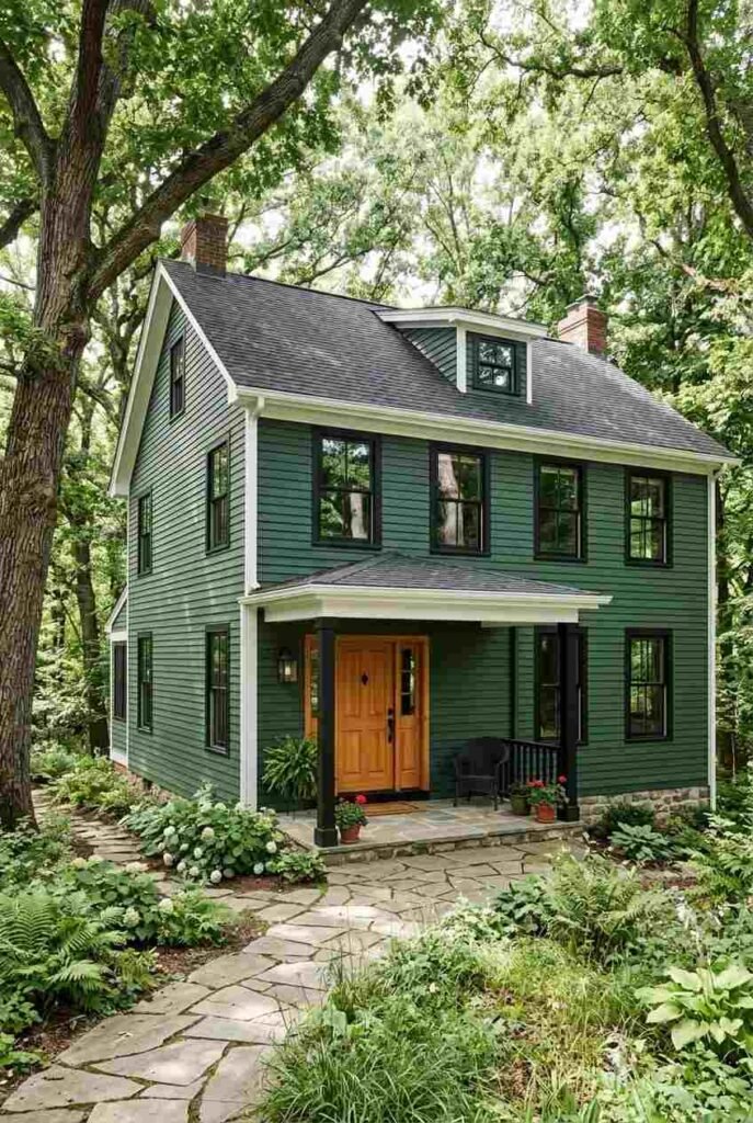 Deep forest green house with black windows and a natural wood door among mature trees