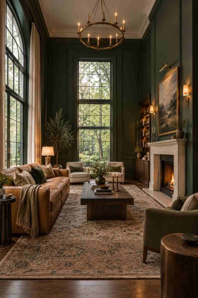 28 Dark Living Room Ideas for High Ceilings That Feel Rich, Not Gloomy (Paint, Lighting & Layout) 4 Deep forest green living room with tall windows and camel leather sofa