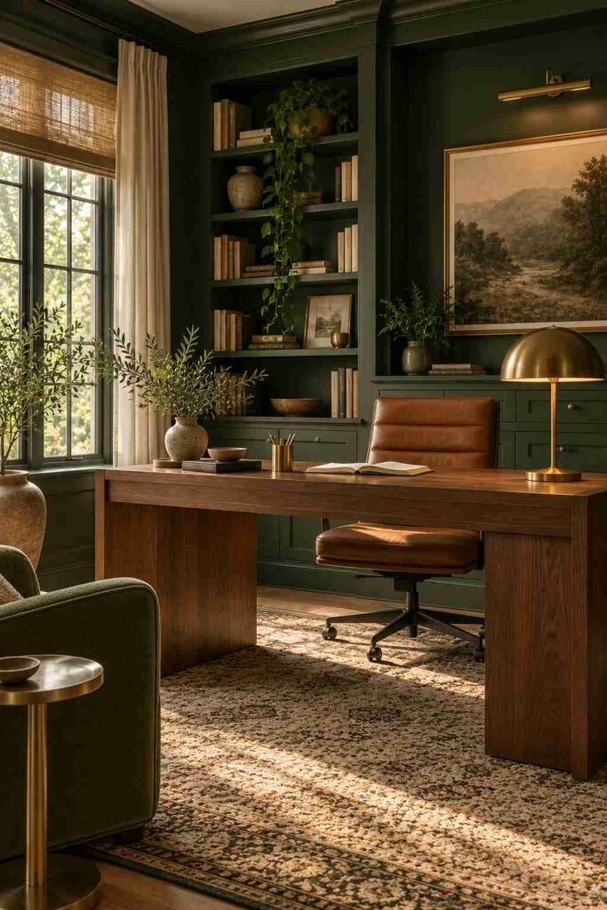 Home study painted deep forest green with walnut desk and brass lamp