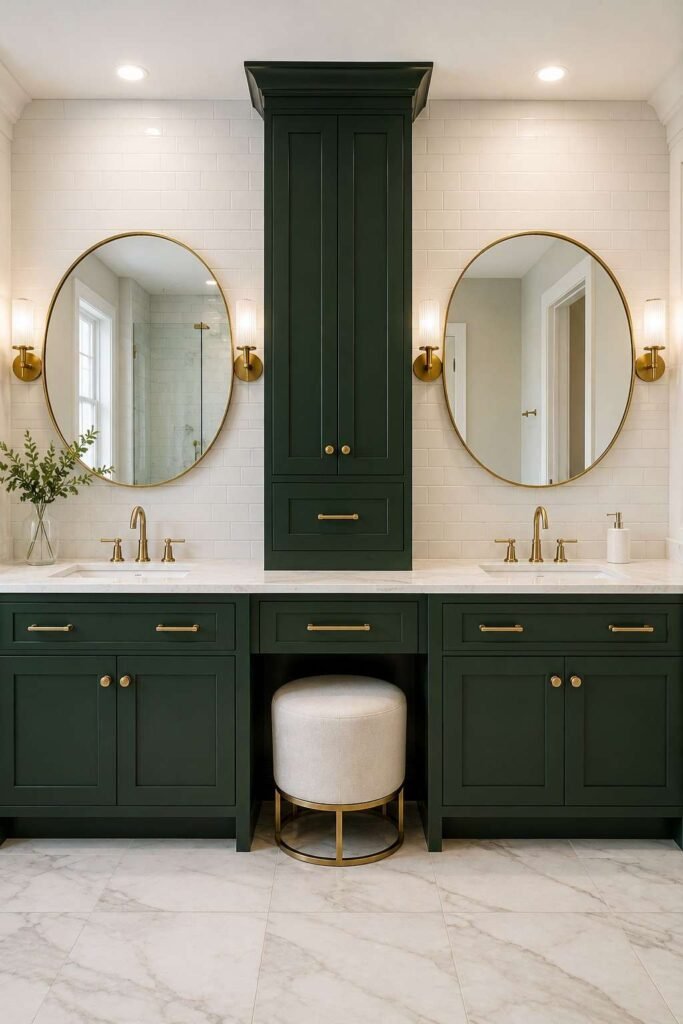 30 Bathroom Vanity Ideas For Double Sink Layouts for Every Style and Budget 17 Deep green double vanity with brass hardware, white tile and a marble countertop.