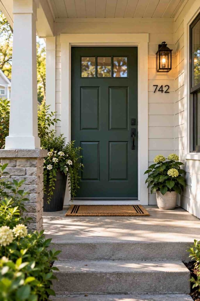 Deep green front door with new house numbers and porch light on a budget-renovated home.