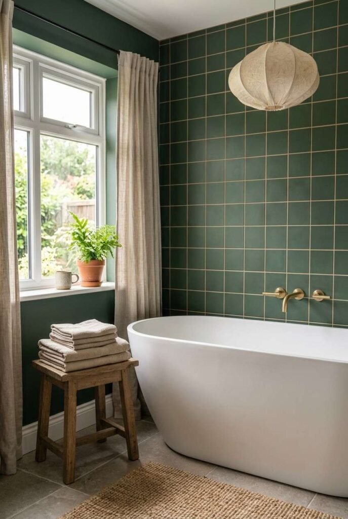 Deep green matte tile bathroom with oak stool and brass fixtures in dark Scandinavian style