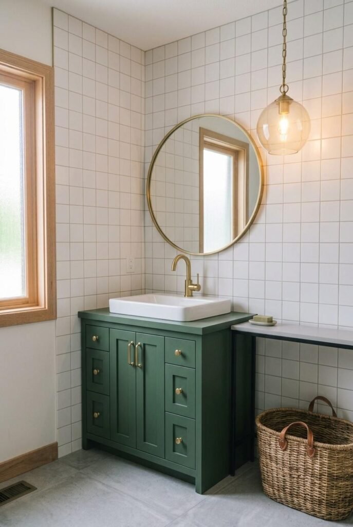30 Bathroom Vanity Ideas: Single Sink for Small, Medium, and Large Spaces 10 Deep green single sink bathroom vanity with brass pulls and round mirror