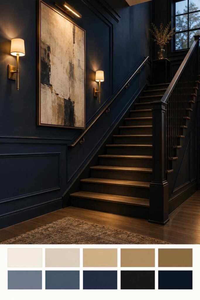 28 Stairs Wall Decor Ideas Modern Luxury Interiors Style Your Staircase Wall 19 Deep navy stairway wall with cream art and brass sconces, with a color palette strip below