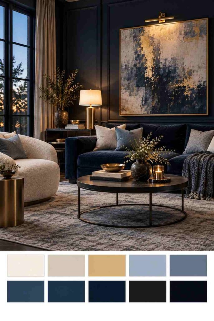 Navy living room with velvet sofa and champagne gold accents, with a color palette strip of ten swatches