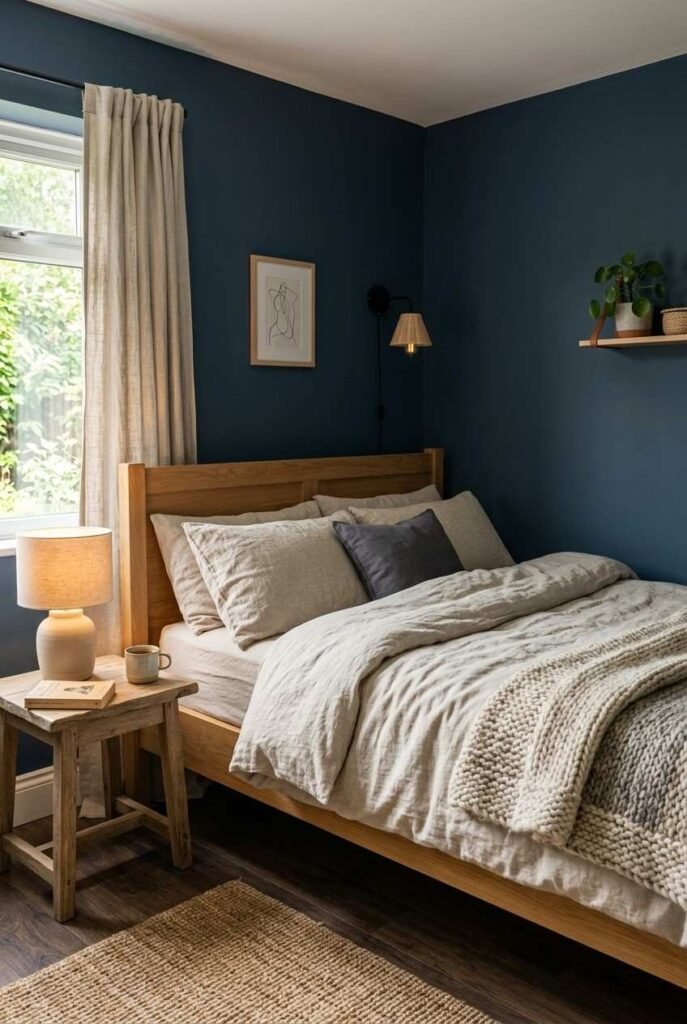 Ink-blue Scandinavian bedroom with oatmeal linen bedding and oak bed frame