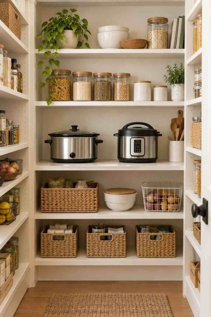Walk-in pantry with slow cooker and pressure cooker on waist-high shelves