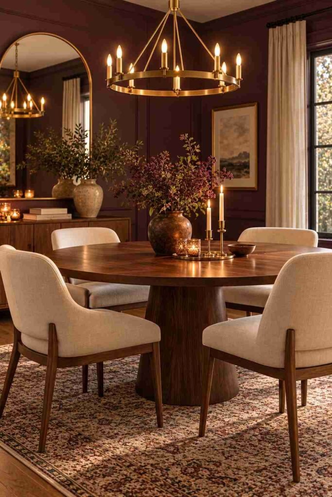 Dining room with deep plum walls, walnut table, and brass chandelier