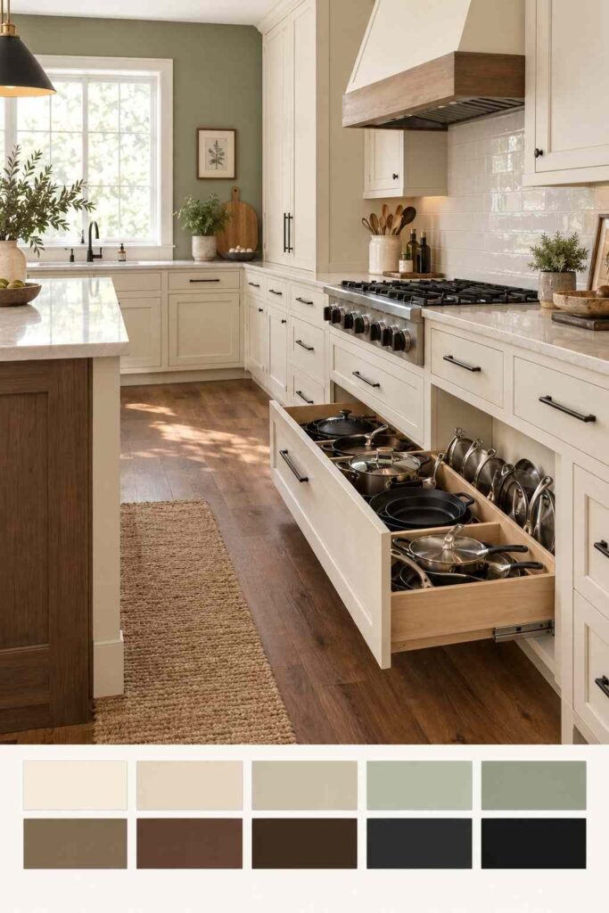 Cream kitchen with deep open drawer of organized pots; swatch strip shows cream, sage, walnut and black tones