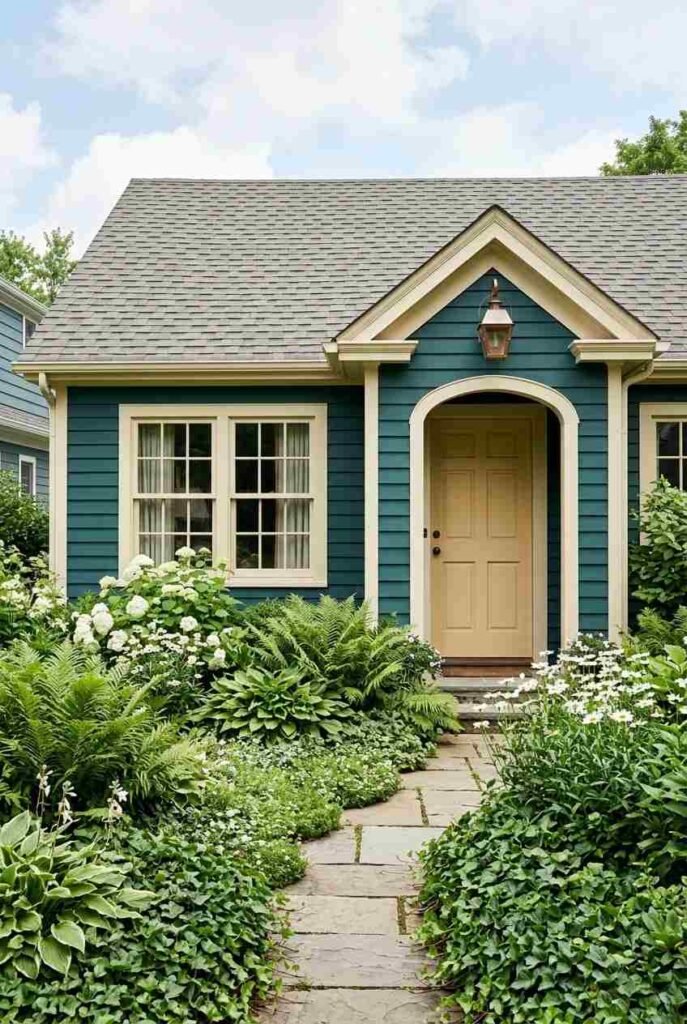 Deep teal cottage with cream trim, copper lantern, and a lush front garden