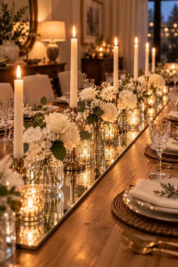 Slim mirror runner on a dining table with candles and low white flowers.