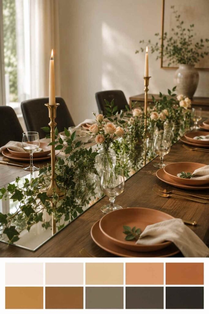 27 Chic Mirror Table Decor with Fresh Flowers Ideas for Home, Weddings, and Parties 8 Dining table mirror runner with a low floral garland, brass candlesticks, and a terracotta and charcoal color palette strip
