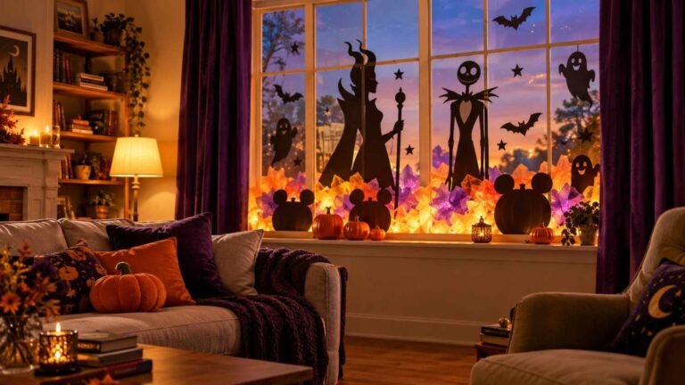Living room window with Disney Halloween window decoration ideas in purple, orange and yellow