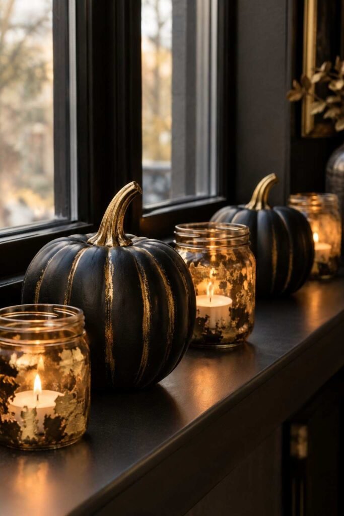 28 Elegant Black & Gold Halloween Ideas for Your Porch, Table & Party Spooky Season 18 DIY black pumpkins and gold leaf mason jar lanterns on a windowsill for Halloween.