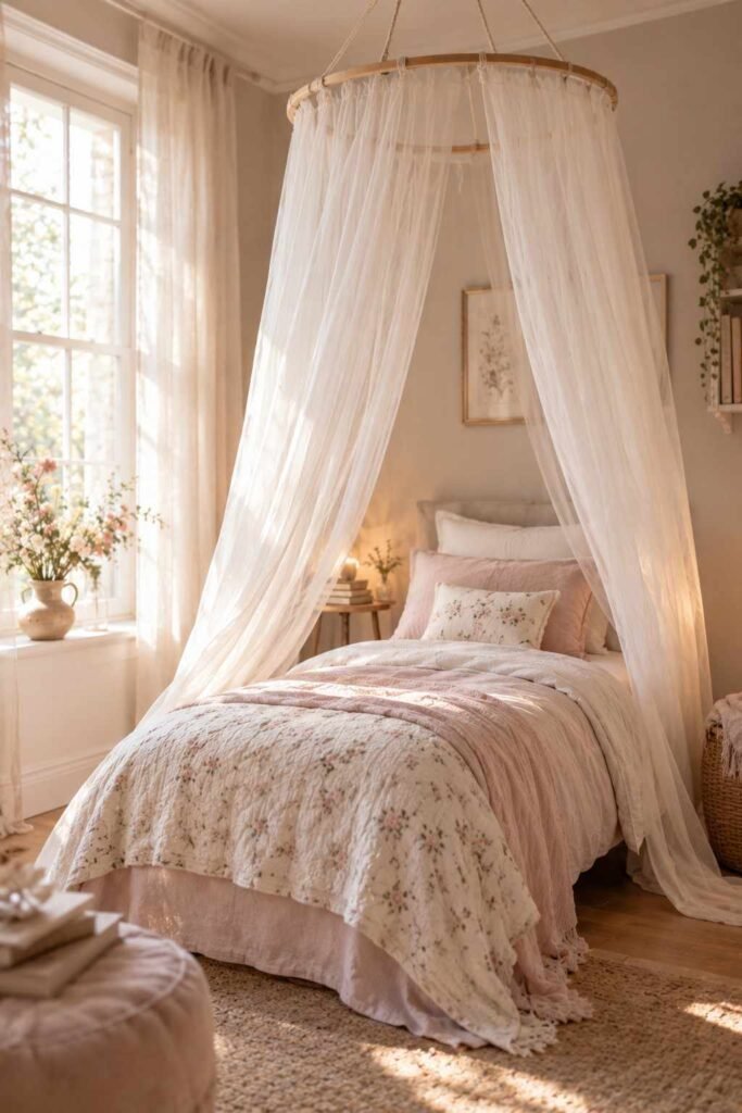30 Canopy Bed Ideas for Princess Bedroom: Dreamy, Safe & Budget-Friendly 14 DIY embroidery hoop canopy with white voile above a child's twin bed