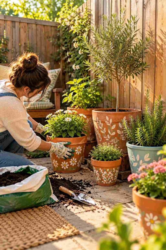28 Budget-Friendly Outdoor Decorations DIY Garden Projects for Every Season 2 Gardener arranging painted terracotta pots in a bare patio corner as part of a weekend garden makeover