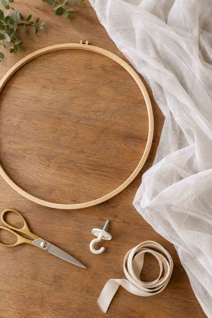 Materials for a DIY hoop canopy: a wooden hoop, sheer fabric, ribbon, and a ceiling hook.
