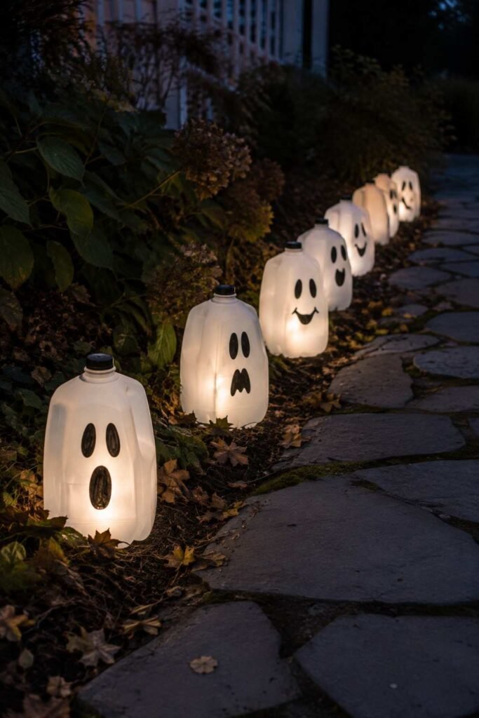 Glowing DIY milk jug ghosts with drawn faces lining a garden path at dusk.