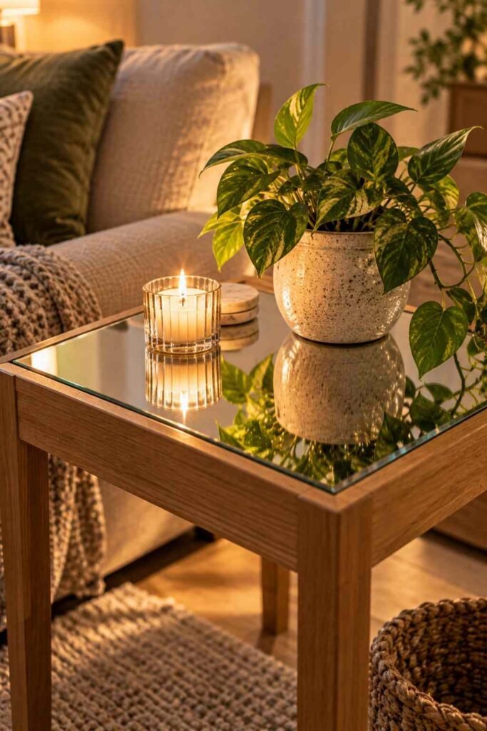 DIY mirror tile applied to a side table top and styled with a candle and plant.