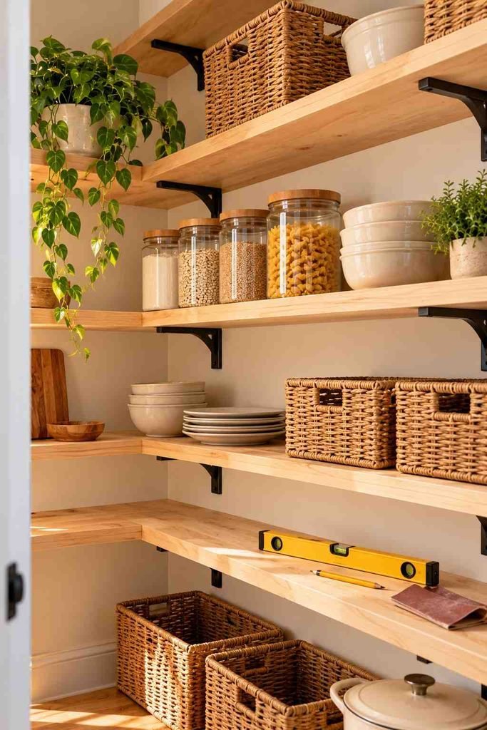 Open Shelving Pantry Kitchen Ideas: 30 Layouts, Storage Tricks and Styling Tips 20 DIY wood plank shelves on simple brackets in a pantry with a level and sandpaper.