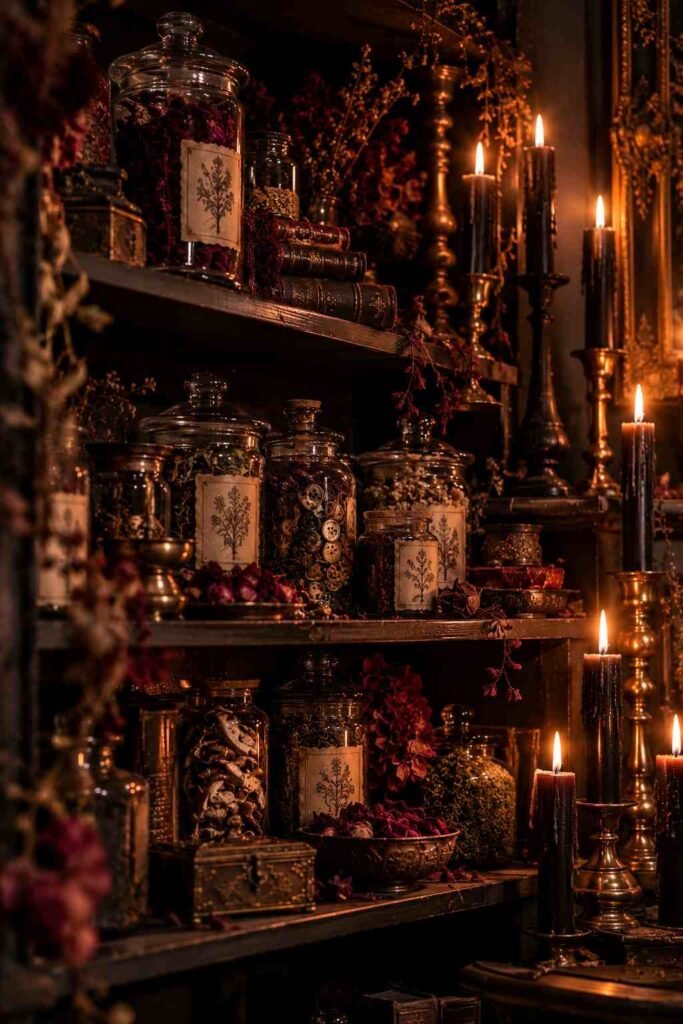 30 Halloween Party Decorations for Adults: Moody, Spooky, Stylish Ideas for Any Home 20 DIY spell jars and spray-painted candlesticks, budget Halloween decorations for adults.