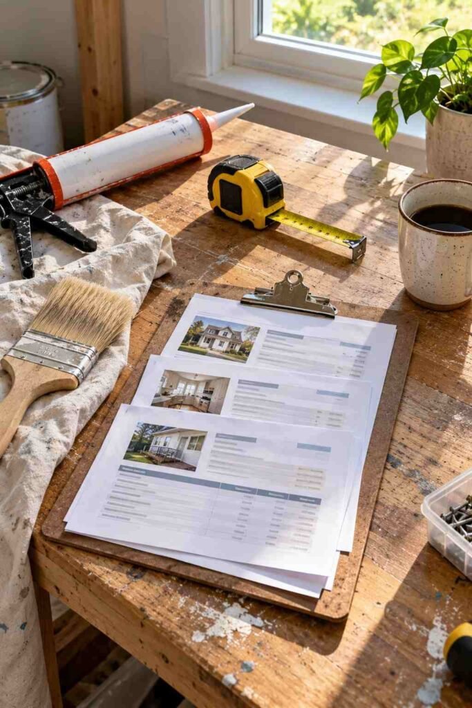 DIY tools beside three contractor estimates on a workbench.