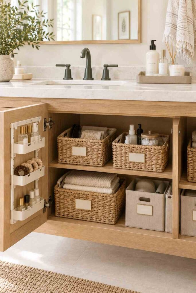 Bathroom Storage Ideas for Toiletries: 30 Smart Ways to Organize Every Space 8 Cabinet door rack and labeled baskets for organizing bathroom toiletries