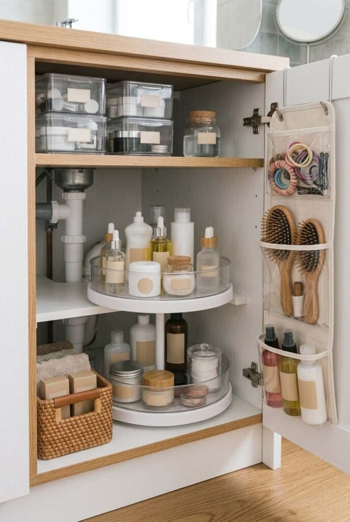26 Bathroom Storage Ideas Under Sink for a Tidier, Roomier Vanity 12 Slim rack mounted inside a sink cabinet door holding small items