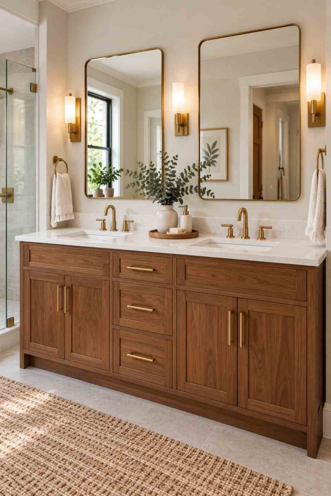 Double vanity with two sinks, two mirrors, and a walnut cabinet in a shared bathroom.