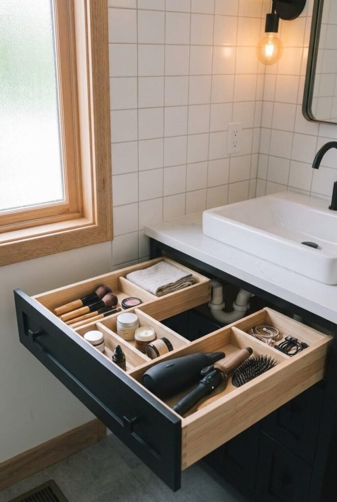 30 Bathroom Vanity Ideas: Single Sink for Small, Medium, and Large Spaces 13 Open vanity drawer with dividers organizing brushes and creams around the sink plumbing cutout