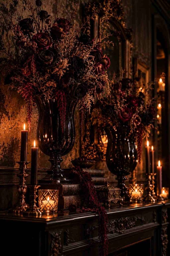 30 Halloween Party Decorations for Adults: Moody, Spooky, Stylish Ideas for Any Home 15 Dried black roses in tall vases, moody florals for Halloween decorations for adults.