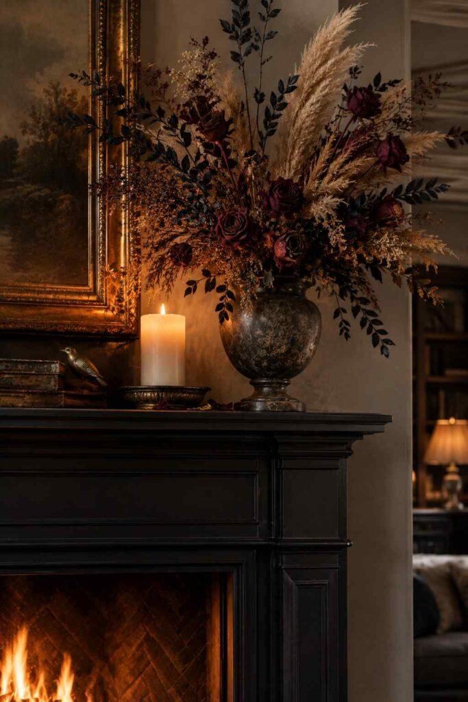 28 Halloween Mantel Decor Ideas: Spooky, Elegant and Family-Friendly Styles 12 Dried burgundy roses and black stems in a vase on a Halloween mantel.