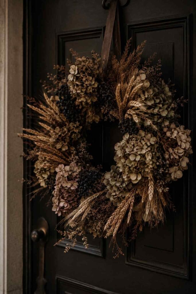 Dried hydrangea and wheat wreath with dark berries on a charcoal front door