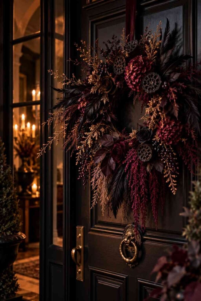 30 Halloween Party Decorations for Adults: Moody, Spooky, Stylish Ideas for Any Home 4 Dried flower and black feather wreath on a door, an elegant Halloween decoration for grown-ups.