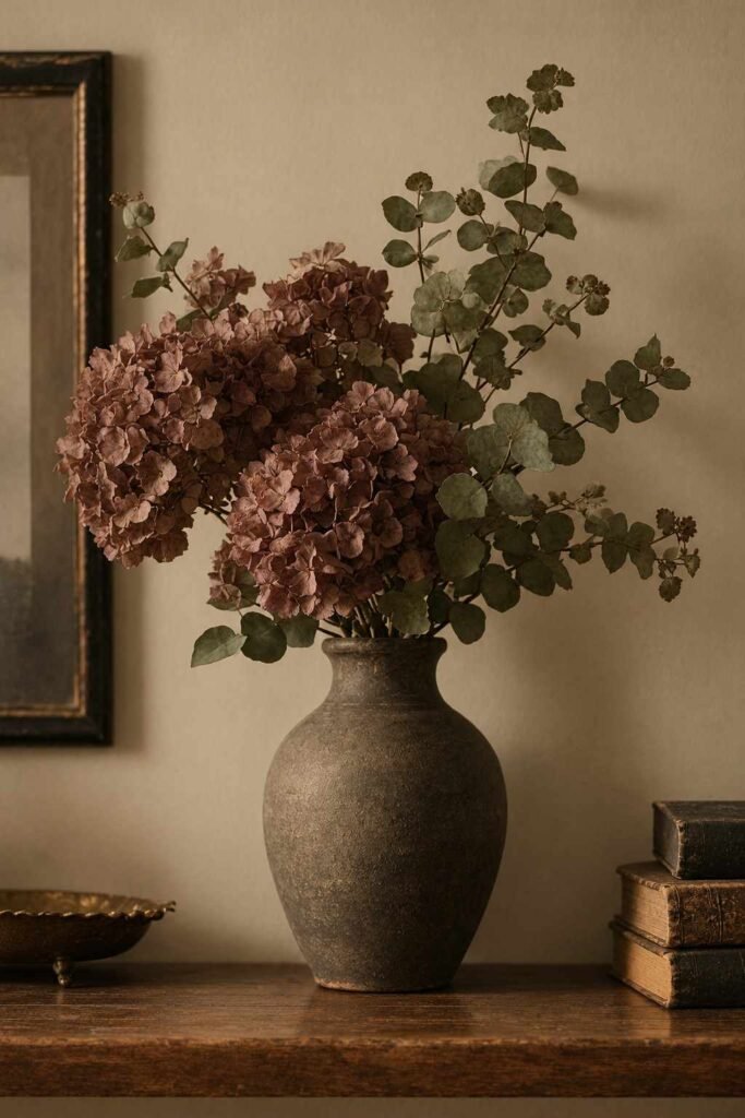 28 Modern Halloween Shelf Styling Ideas That Look Stylish, Not Scary: A Chic, Spooky Home 14 Dried hydrangea and eucalyptus bundle in a matte vase for a sophisticated Halloween shelf.
