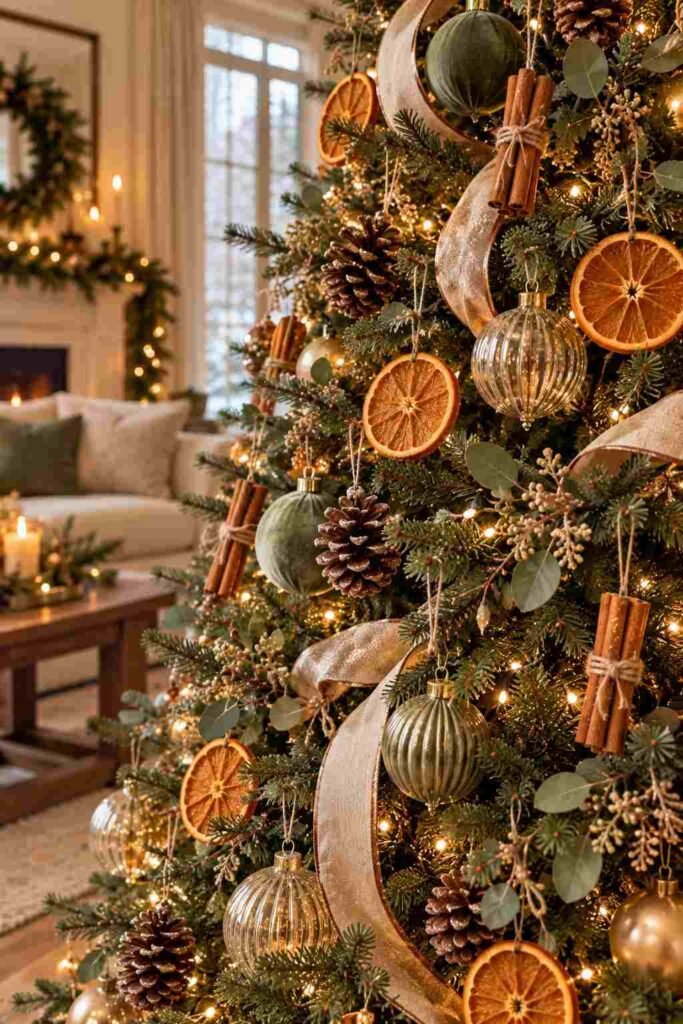 Dried orange slices and cinnamon sticks hanging on a Christmas tree.