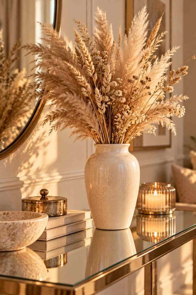 Dried pampas grass and wheat in a cream vase on a mirrored table.