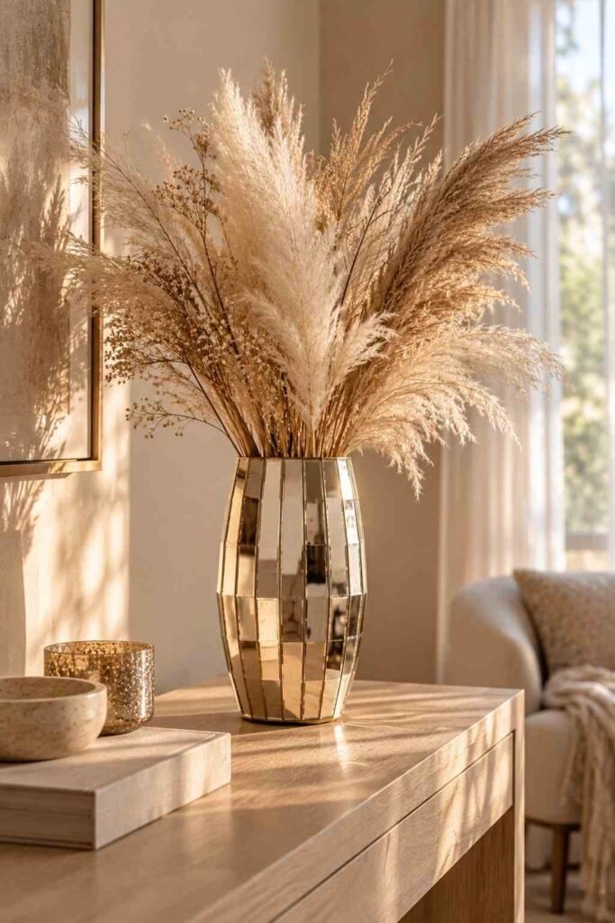 Mirrored vase with loose dried pampas grass on a pale wood table.