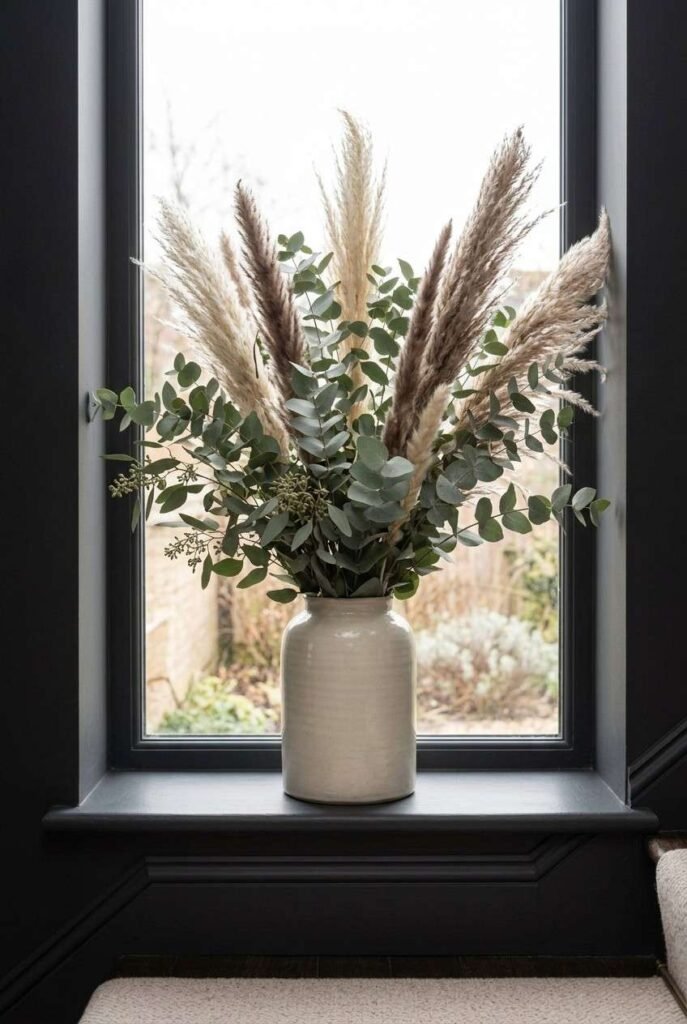 Eucalyptus and dried stems in a ceramic vase on a dark window sill
