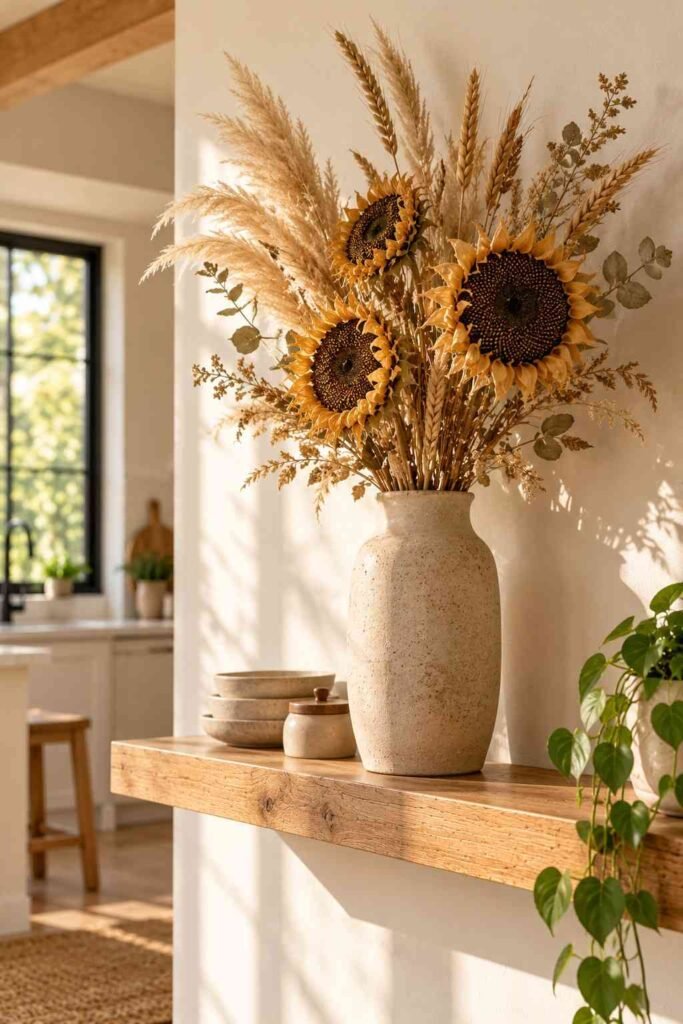 30 Sunflower Kitchen Decor Ideas Modern: From Wall Art to Backsplash Tile 8 Dried sunflowers and pampas grass in a stoneware vase on an oak kitchen shelf.