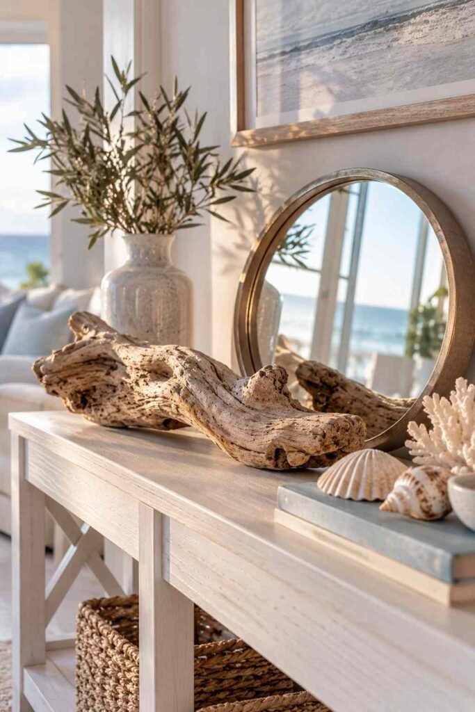 Driftwood beside a small mirror and seashells on a coastal console table.