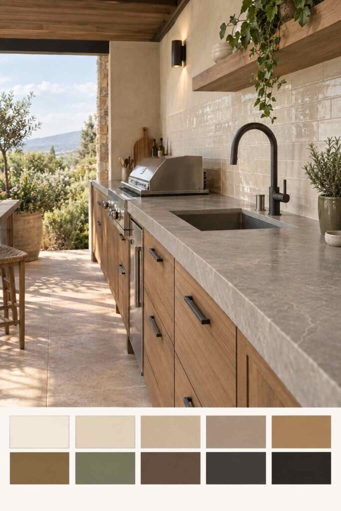 Semi-Outdoor Kitchen Ideas: 30 Covered Designs for Patios, Porches, and Balconies 20 Stone, wood, and ceramic outdoor kitchen counter materials with a matching color palette strip
