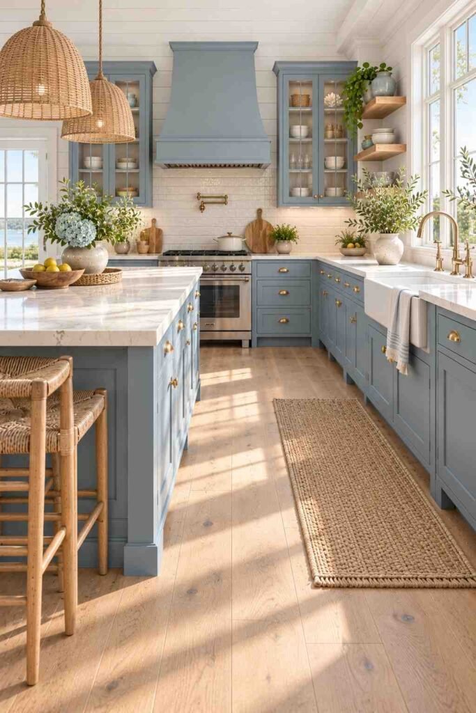 Dusty blue coastal kitchen cabinets with bleached oak flooring