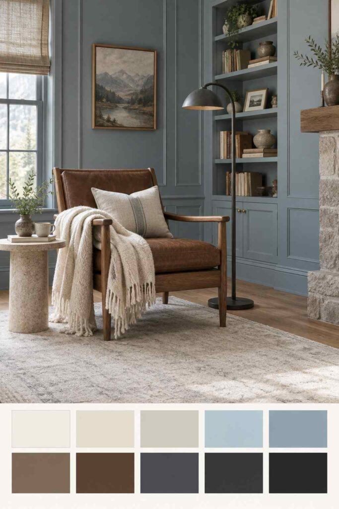 27 Scandinavian Mountain Interior Design Ideas: Ways to Create a Warm Nordic Cabin 6 Dusty blue paneled Nordic cabin sitting room with walnut and cream tones and a palette strip