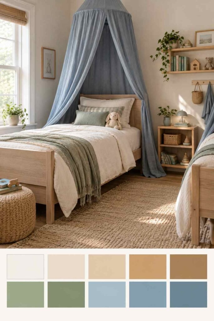 Dusty blue linen canopy bedroom for kids with sage and wood tones and a color swatch strip.