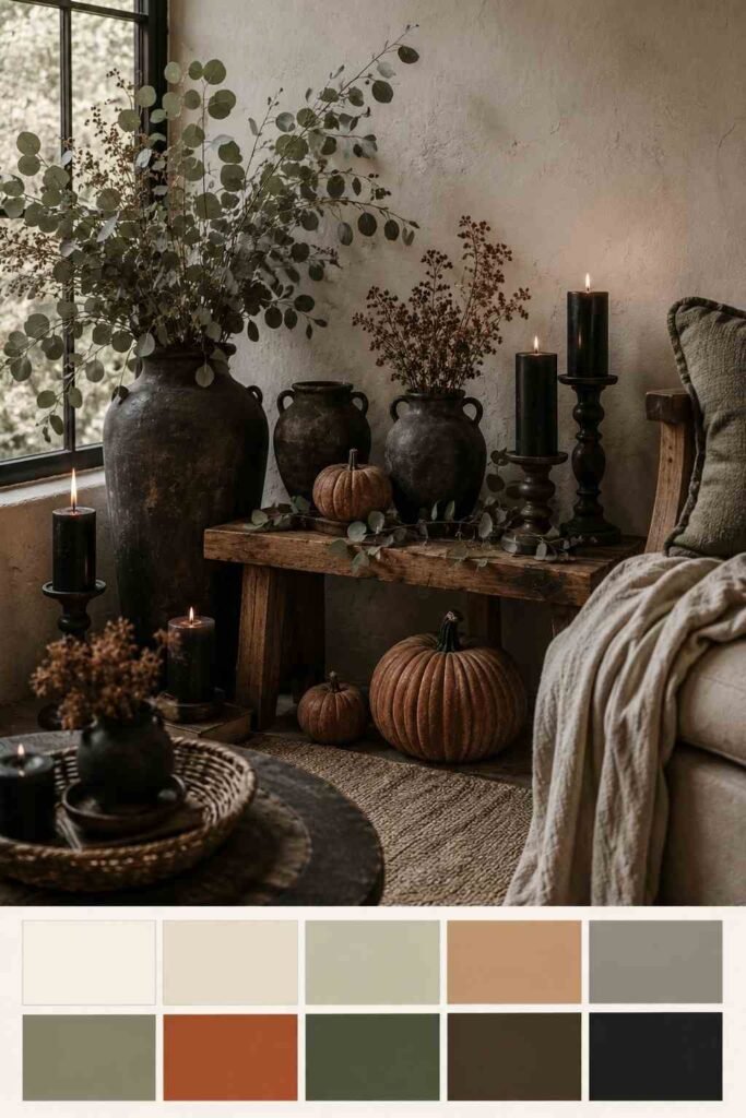 Earthy Halloween nook with terracotta pumpkins, charcoal vases and sage eucalyptus above a color swatch strip